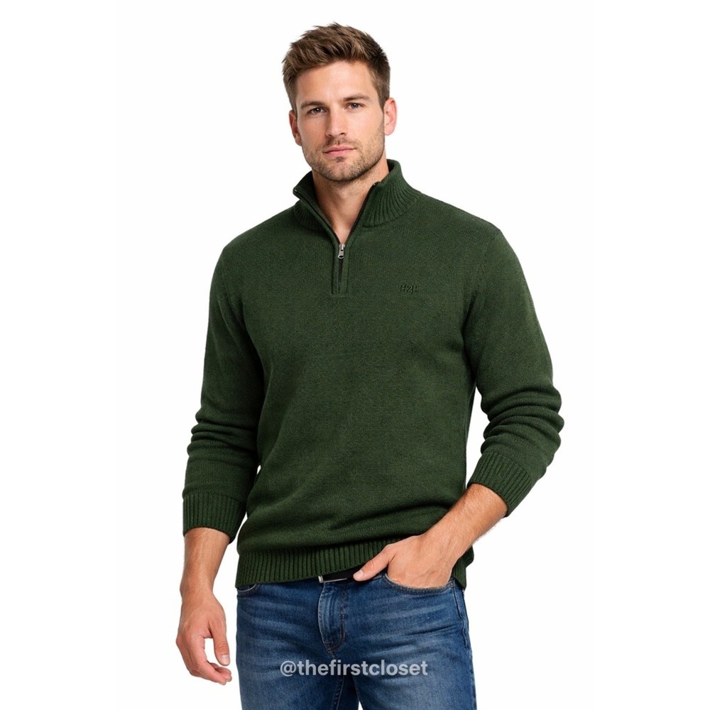 H2H Men Green 100% Acrylic Quarter Zip Mock Neck Sweater Preppy‎ Academia M